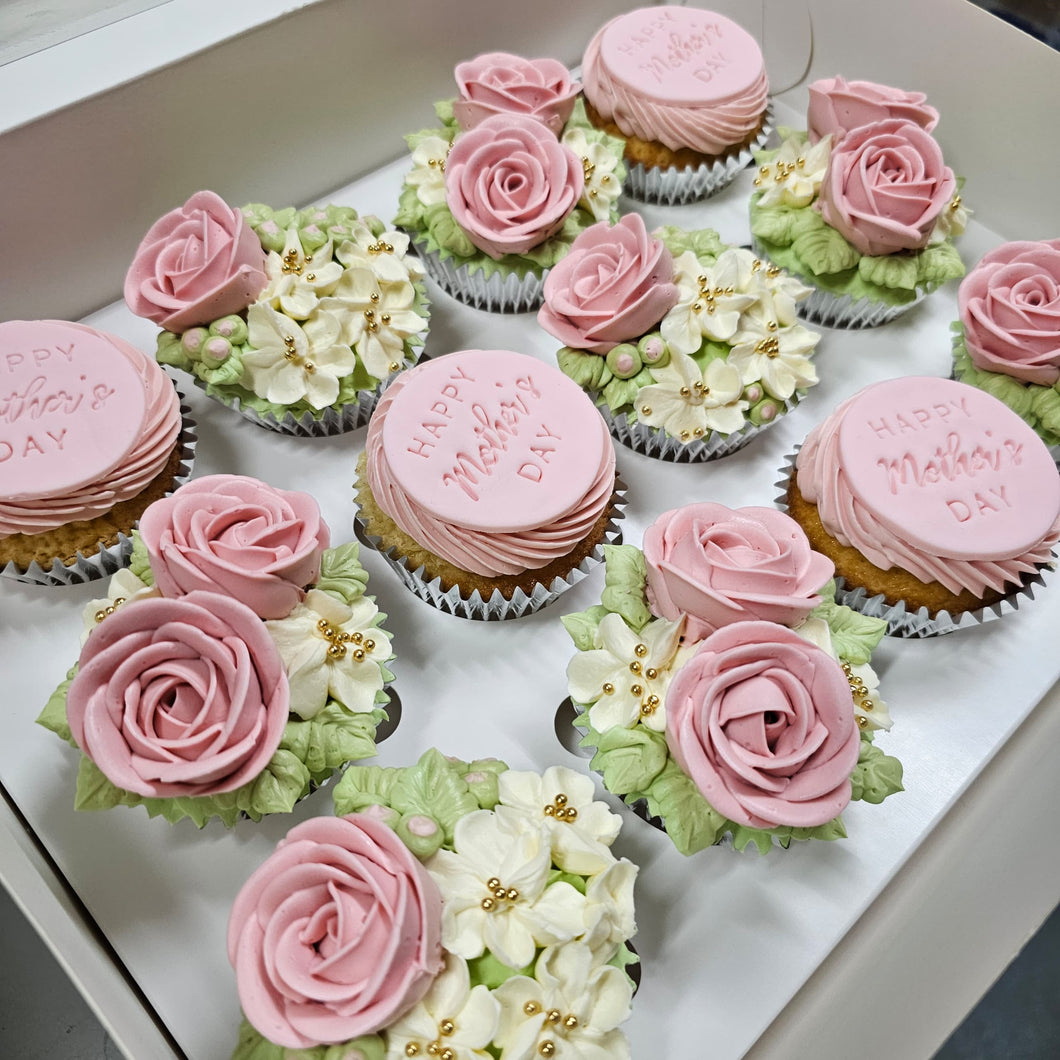 Mother's Day flower cupcakes arranged in a box by Amour Desserts