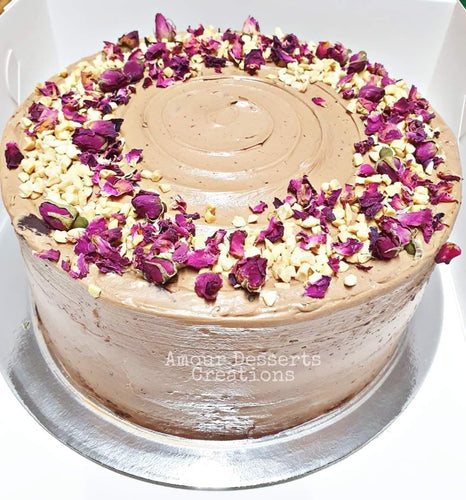 Caramelized Banana Nutella Cake with Rose Petal and Peanut Topping by Amour Desserts